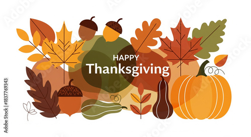 Happy Thanksgiving Greeting Card with Autumn Leaves and Pumpkins