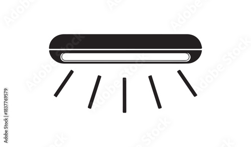 Simple black and white icon of a fluorescent light fixture emitting light rays