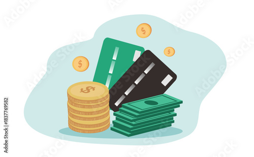 vector flat style illustration, stucks of coins, banknotes and credit cards