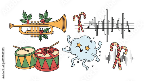 Festive Musical Delights: A collection of charming cartoon illustrations, showcasing the playful elements of a musical Christmas celebration.