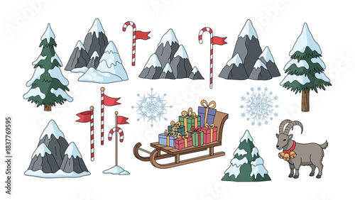 Festive Wonderland: An illustration of a whimsical Christmas scene featuring snowy mountains, festive candy canes, gift-laden sleds, and a charming goat.