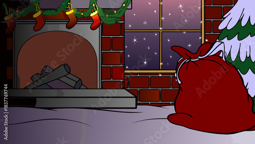 Christmas scene with fireplace stockings presents and a view of a snowy night through the window