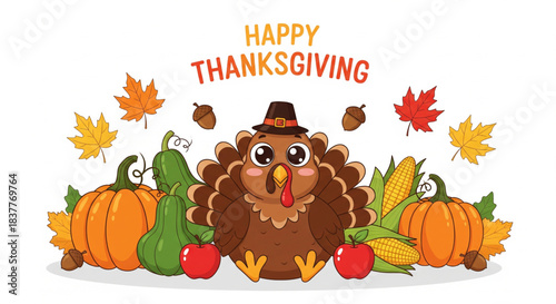 Happy Thanksgiving illustration with a cute turkey, pumpkins, corn, and autumn leaves
