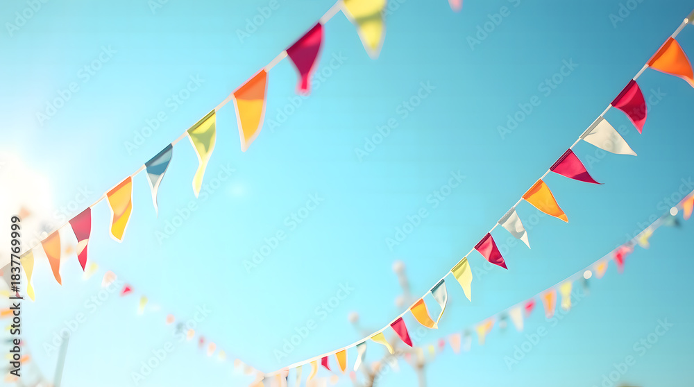 Obraz premium Festive Colorful Triangular Bunting Flags Hanging Against a Clear Bright Blue Summer Sky Background
