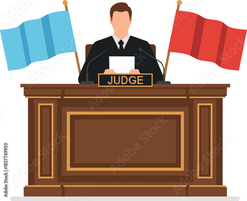Judge Sitting at Court Podium with Flags Ready to Deliver a Verdict or Score a Competition Flat Vector Illustration for Justice and Law.