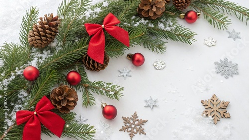 Festive Christmas background with fir branches, pine cones, gold ornaments, and red ribbon decorations for the holiday season