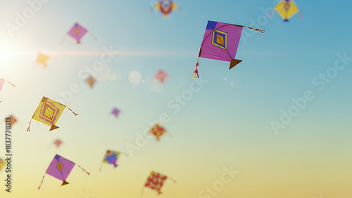 Makar Sankranti, sky blue yellow gradient, colorful kites floating with soft sunlight flare