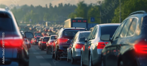 The cars in heavy evening traffic on a congested highway at sunset