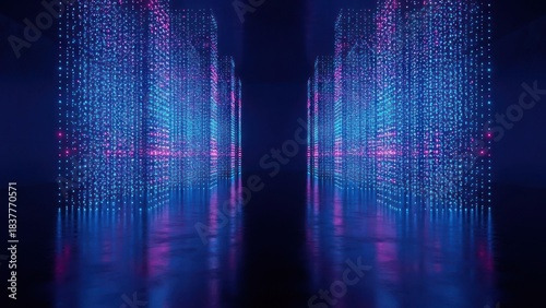 Abstract digital corridor of glowing blue and pink particles on a reflective floor
