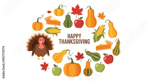 Happy Thanksgiving greeting card with autumn harvest elements like pumpkins, corn, turkey, and apple pie