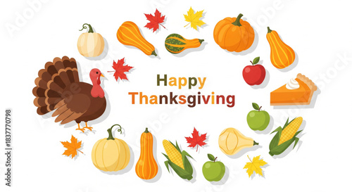 Colorful Thanksgiving illustration with traditional turkey, pumpkins, gourds, pie, and autumn leaves, arranged around a festive 'Happy Thanksgiving' message