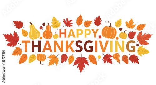 Happy Thanksgiving with autumn leaves and pumpkins, a festive illustration for the holiday season