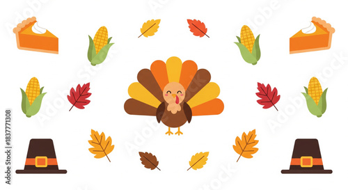 Happy Thanksgiving illustration with turkey, pie, corn, and autumn leaves