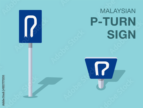 Traffic regulation rules. Isolated Malaysian "p-turn" road sign. Front and top view. Flat vector illustration template.
