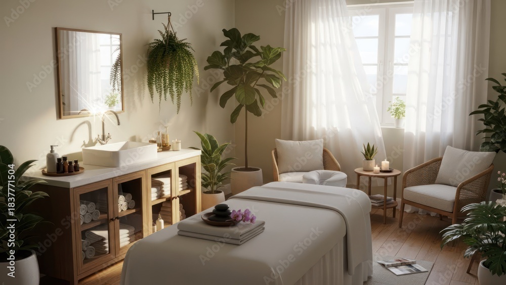 Fototapeta premium Calming spa room with massage table, sink area, window, and leafy plants