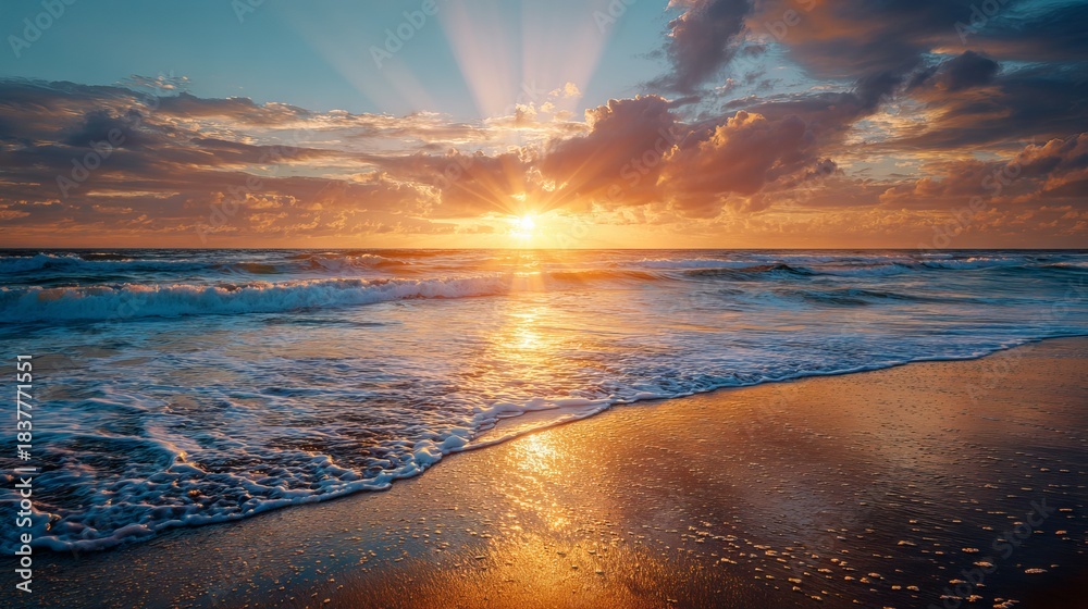Naklejka premium Happy New Year 2026 sunrise over ocean waves on tranquil beach shore with golden morning light festive coastal holiday celebration background