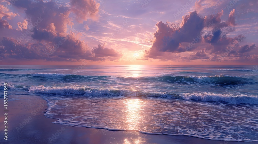 Naklejka premium Happy New Year 2026 sunrise over ocean waves on tranquil beach shore with golden morning light festive coastal holiday celebration background