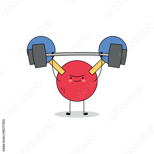 Cute molecule cartoon character lifting weight barbell doodle