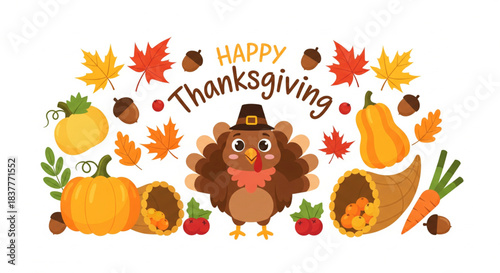 Happy Thanksgiving illustration with a cute turkey, pumpkins, cornucopias, and fall leaves