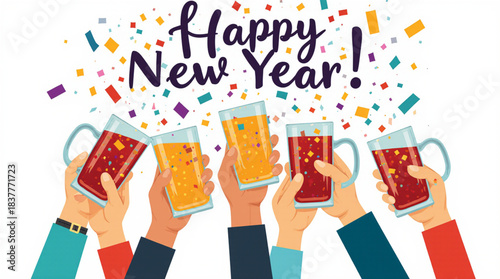 Diverse Hands Raising Drinks in Festive New Year Toast with Confetti