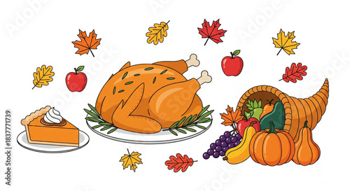 A cheerful cartoon illustration of a Thanksgiving turkey surrounded by a bountiful autumn harvest of pumpkins, squash, corn, apples, and colorful fall leaves, with "HAPPY Thanksgiving" text.