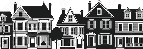 Victorian house silhouettes, architectural illustration, historic homes, black and white design, ornate buildings, vintage style, urban planning asset, heritage art