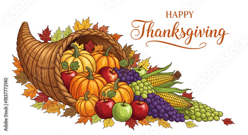 Happy Thanksgiving beautiful cornucopia overflowing with autumn harvest fruits, vegetables, and fall leaves
