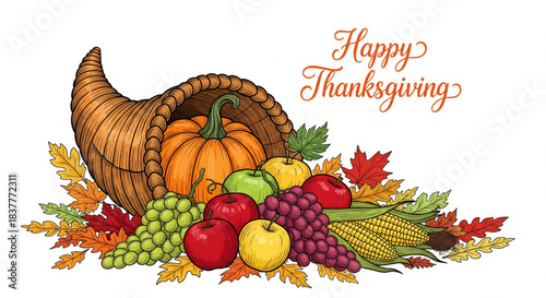 A vibrant illustration of a cornucopia overflowing with autumn harvest produce like pumpkins, apples, grapes, and corn, surrounded by colorful fall leaves, with 'Happy Thanksgiving' text.