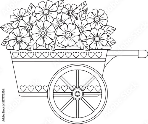 Charming flower cart filled with a bouquet of blooms, featuring hearts and wheel details for garden themes