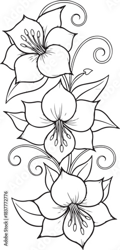 Three elegant lily flowers with swirling vines and leaves arranged vertically isolated on transparent background