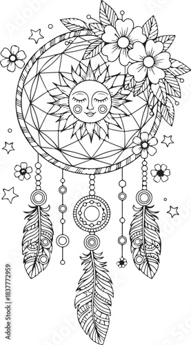 Outline sun moon dreamcatcher with feathers and flowers, black line art on transparent background for coloring books