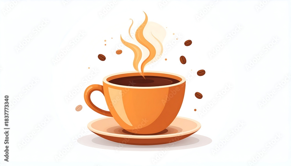 Fototapeta premium A Steaming Cup of Hot Coffee with Coffee Beans, Perfect for Your Morning Brew and Café Experience