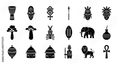 Traditional African Culture Symbols Icon Set Black and White Graphic Illustration Collection