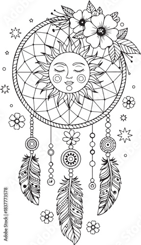 Dream catcher with sleeping sun feathers and flowers line art decorative spiritual symbol