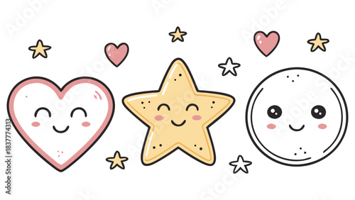 Kawaii Doodle Vector Set with Cute Cat, Rainbow, Heart, and Nature Elements