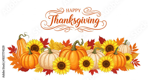 Happy Thanksgiving Autumnal Wreath Decoration Featuring Pumpkins, Sunflowers, and Maple Leaves