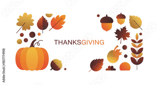 Thanksgiving holiday banner with autumn leaves, pumpkin, and acorns on a white background, featuring flat design elements.
