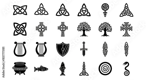 Traditional Celtic Knots and Symbols Collection Black and White Vector Illustration Art