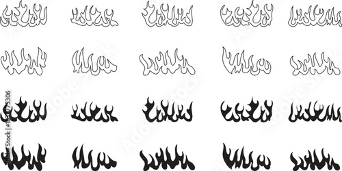 Flame icon set featuring multiple stylized fire shapes in outline and solid variations. These dynamic burning silhouettes are ideal for logos, stickers, signs, and bold graphic elements. Perfect 