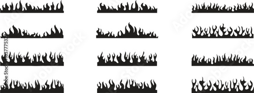 Silhouette flame borders in bold black vector style. Burning fire line elements for hot design accents and dramatic illustrations. Perfect for decals, stickers, patterns, and graphic artworks.