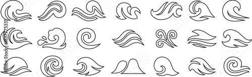 Minimal wave line icons in a clean outlined style. Decorative ocean swirl symbols for branding, surf themes, and design projects. Perfect vector elements for logos, patterns, and illustrations.