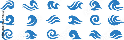 Blue wave icon set featuring smooth, stylized ocean wave shapes in multiple flowing designs. These clean aquatic symbols are ideal for branding, surf graphics, water themes, and summer projects. 