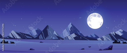 Cartoon night nature landscape full moon shining in sky with stars above field, mountain and rocks. Dark heaven with moonlight romantic fantasy background, midnight twilight.