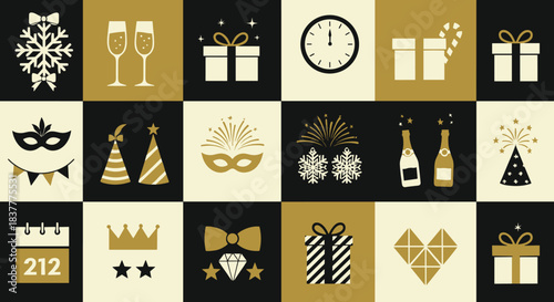 Vector Icon Set of New Year's Eve Celebration Elements: Champagne, Masks, and Gifts in Gold and Black