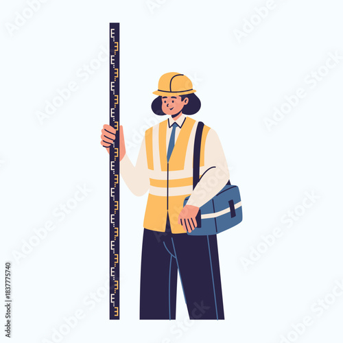 Illustration of an Surveyor Equipment woman holding leveling rod