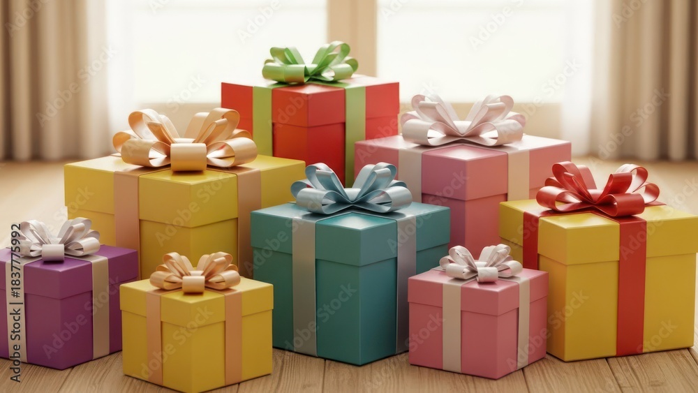 Obraz premium Stack of wrapped gifts, assorted colors, bows on wooden floor near window