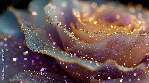 Close-up of a flower with glitter, showing purple, gold, and blue tones.
