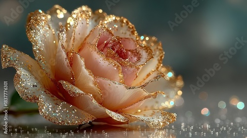 A single rose flower with glitter on petals rests on a shiny surface.