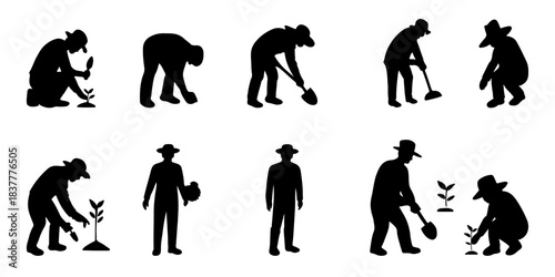 Farmer Planting Silhouette Vector Set