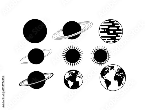 Collection of stylized planets, suns, and Earth icons in black and white